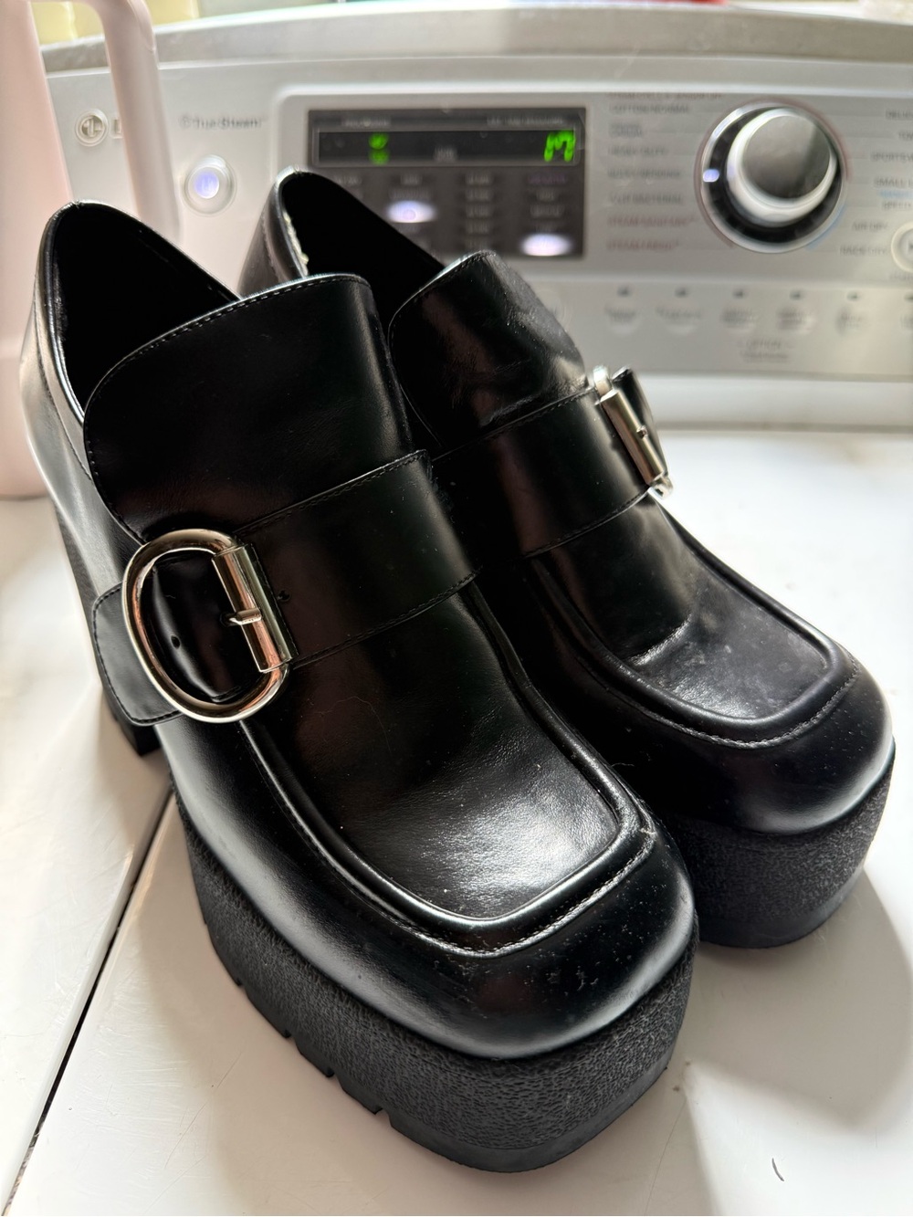 Jeffrey Campbell Black Platform Loafers with Silver Buckles